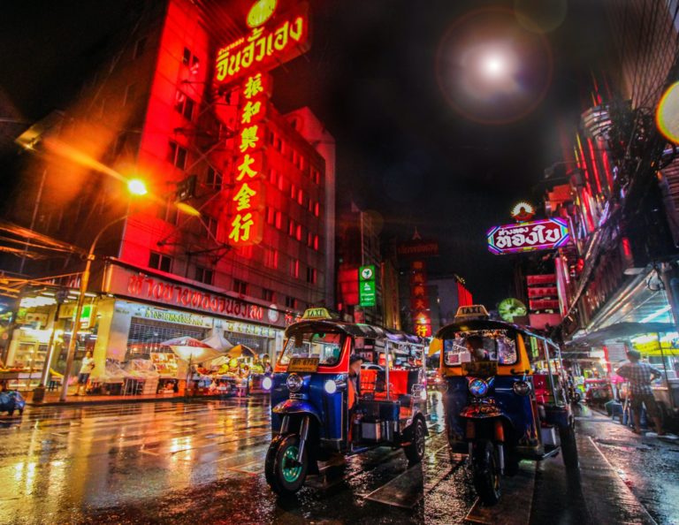 Nightlife of a student travel city tour with local transportation in Bangkok, Thailand.