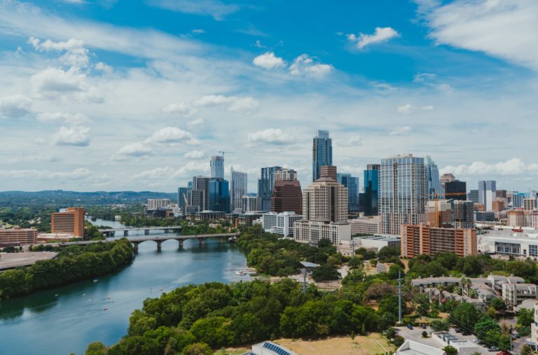 View the cityscape of the student college town of Austin, Texas.