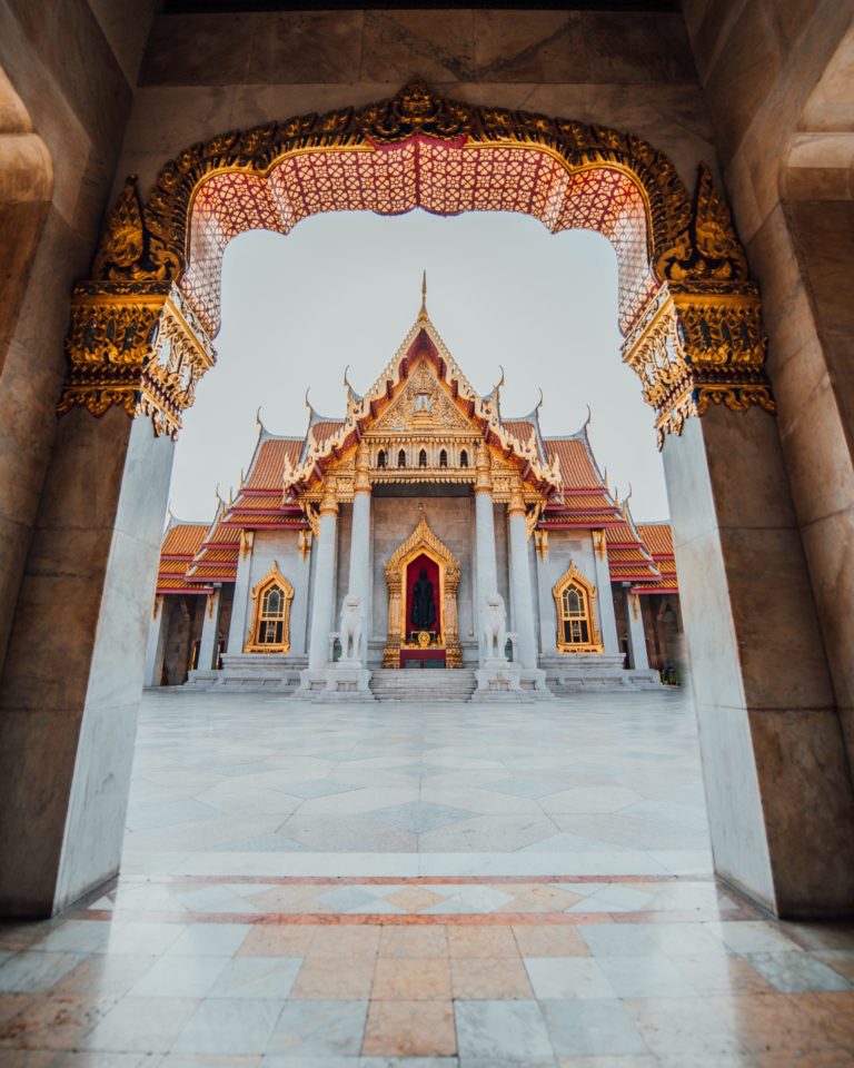 A student travel tour of the ornate Marble Temple in Bangkok, Thailand.