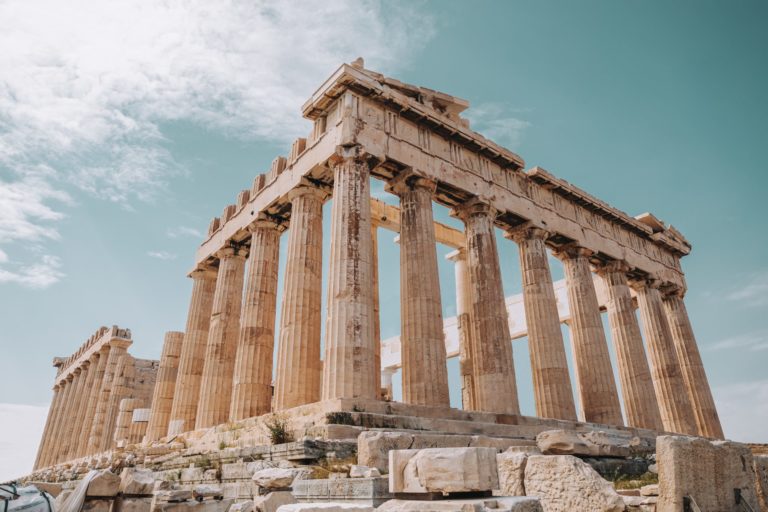 A student travel tour of the ruins in Parthenon Acropolis, Athens Greece.