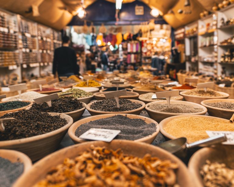 A closeup of spices on display from a market on a tour of Old City, Jerusalem travel.