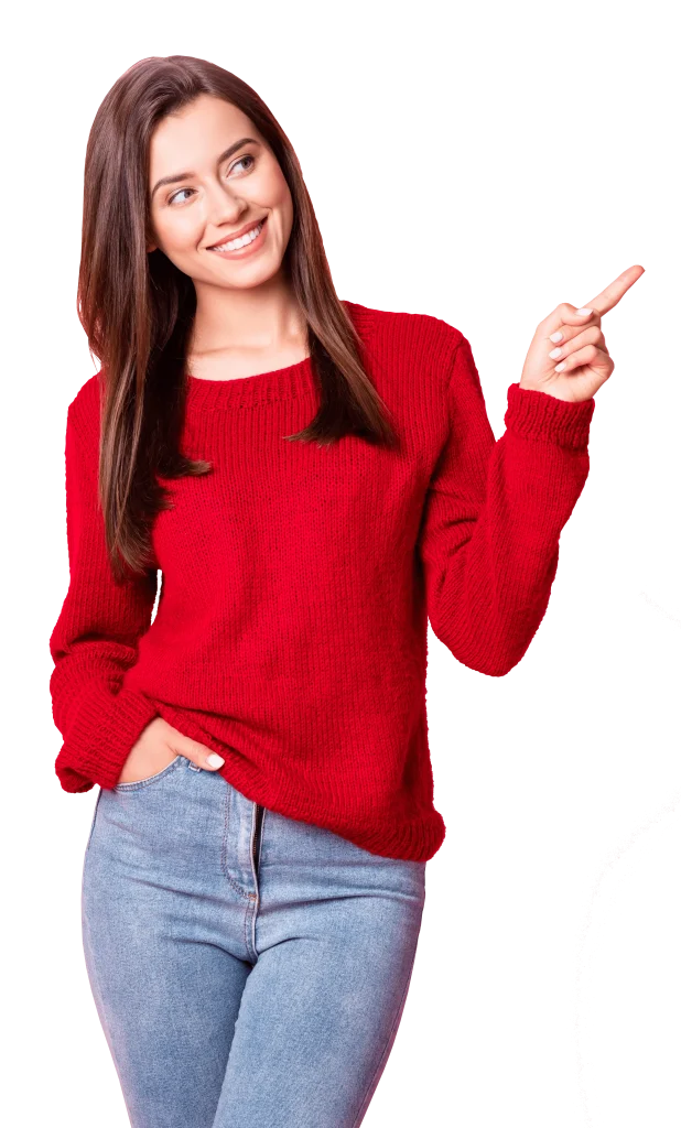 A smiling female student is pointing at the Student Fare deals.
