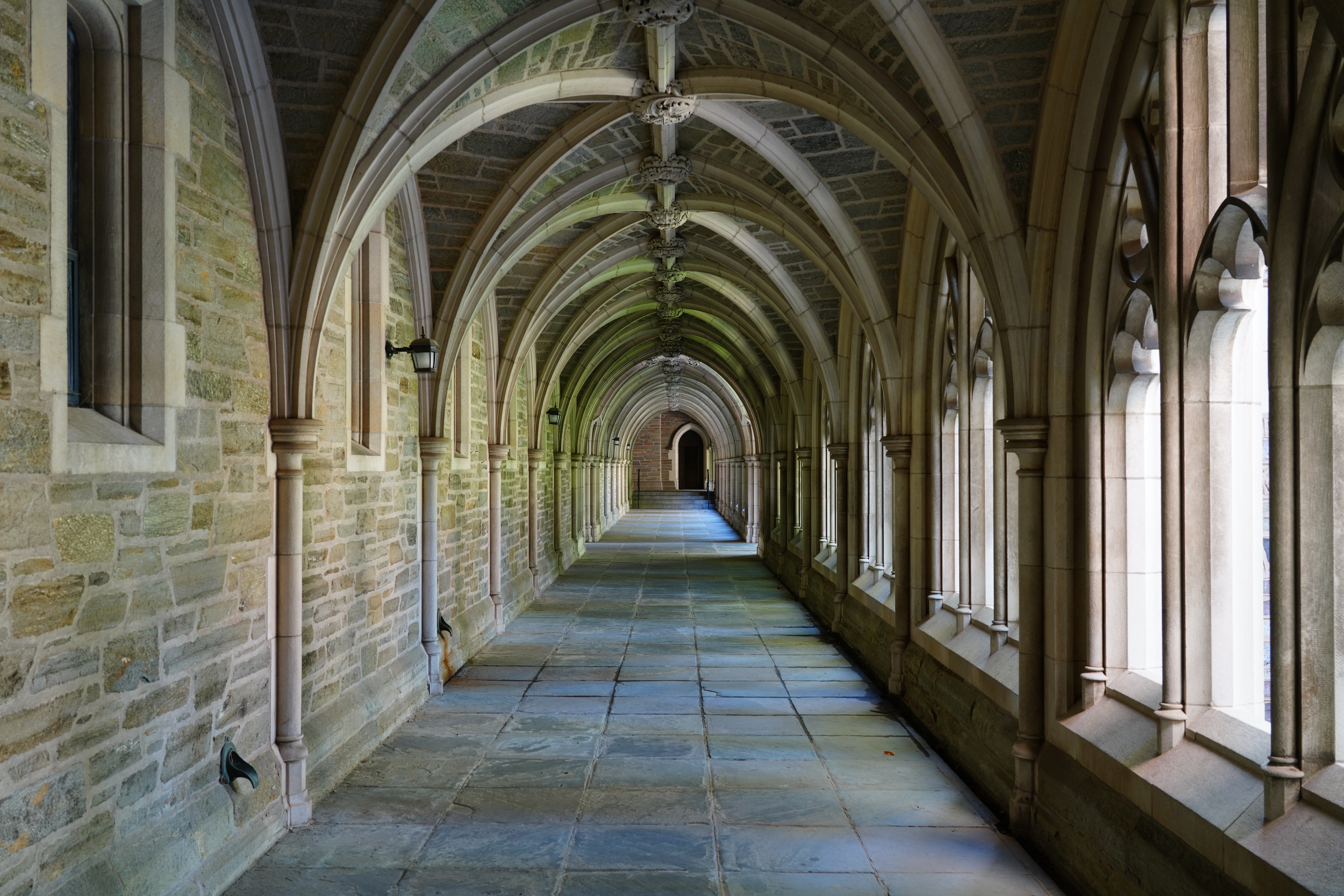 Featured in Oppenheimer Film Locations by Students Fare, this image shows View of gothic arches at Rockefeller College on the campus of Princeton University in New Jersey, United States.