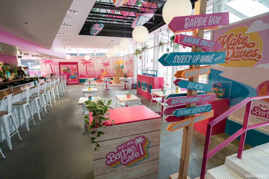 Featured in Barbie Film Locations by Students Fare this image shows the Malibu Barbie Cafe in New York which has a beach theme restaurant.