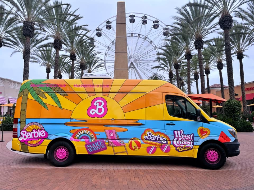 featured in Barbie Film Locations by Students Fare, this image shows the Barbie van which Mattel drives around the world for fans of the new movie.