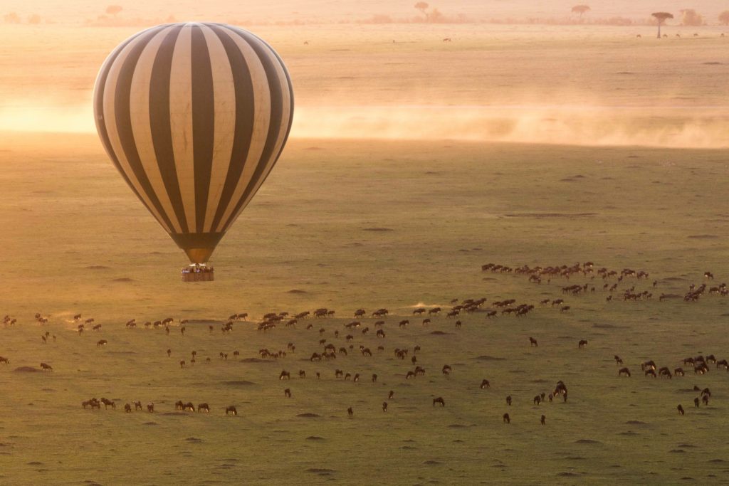 This image of a hot air balloon floating over the Africa grasslands with wild animals in Serengeti, Tanzania is featured in the Students Fare blog post "Best Spots for Ballooning"