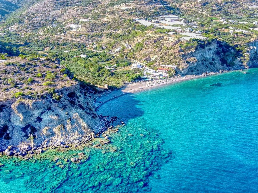 A bird's eye view of travel to Agia Fotia Beach near the town of Lerapetras on the southeast coast of Cretereece.