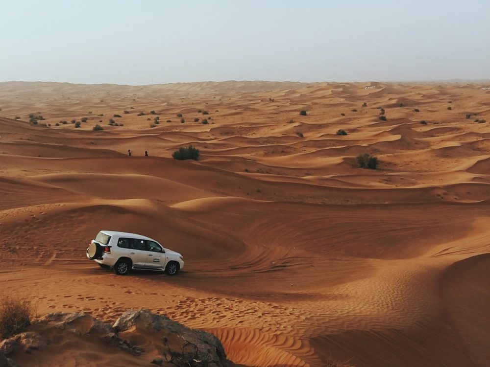 A sand dunes Jeep tour in the Arabian Desert of Dubai, United Arab Emirates.