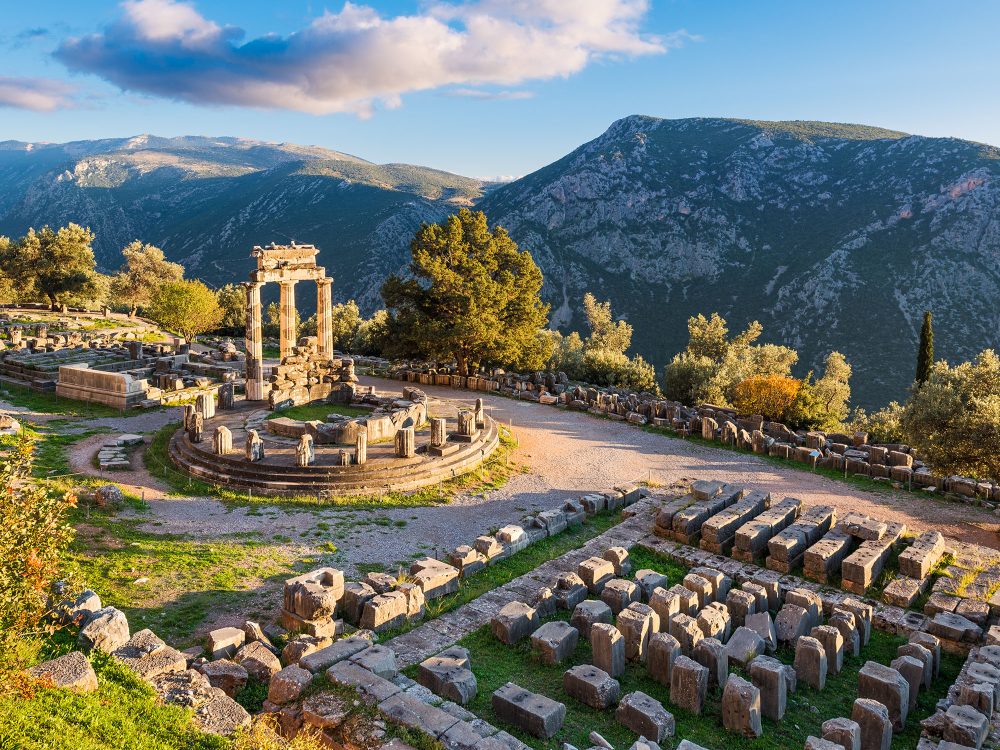 Ruins of the Temple of Athena Pronaia in ancient Delphi, Greece